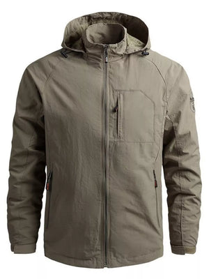 Men's plus size khaki hooded zip jacket with chest pocket and adjustable drawstring hood.