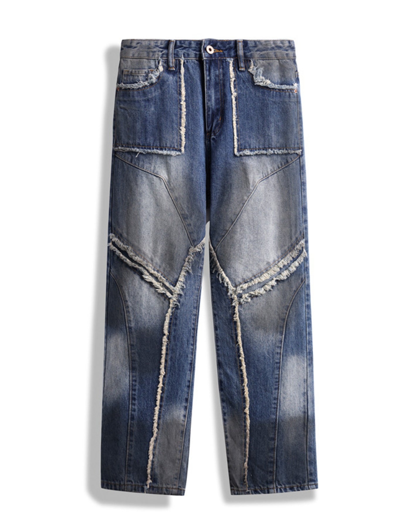 Rugged frayed hem wide leg jeans in blue denim with patchwork details and distressed accents.