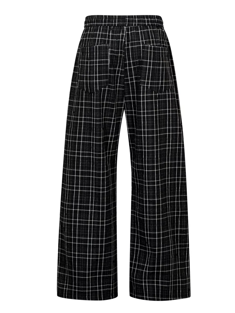 Plaid wide-leg men's sweatpants in black with white check pattern and drawstring waist.