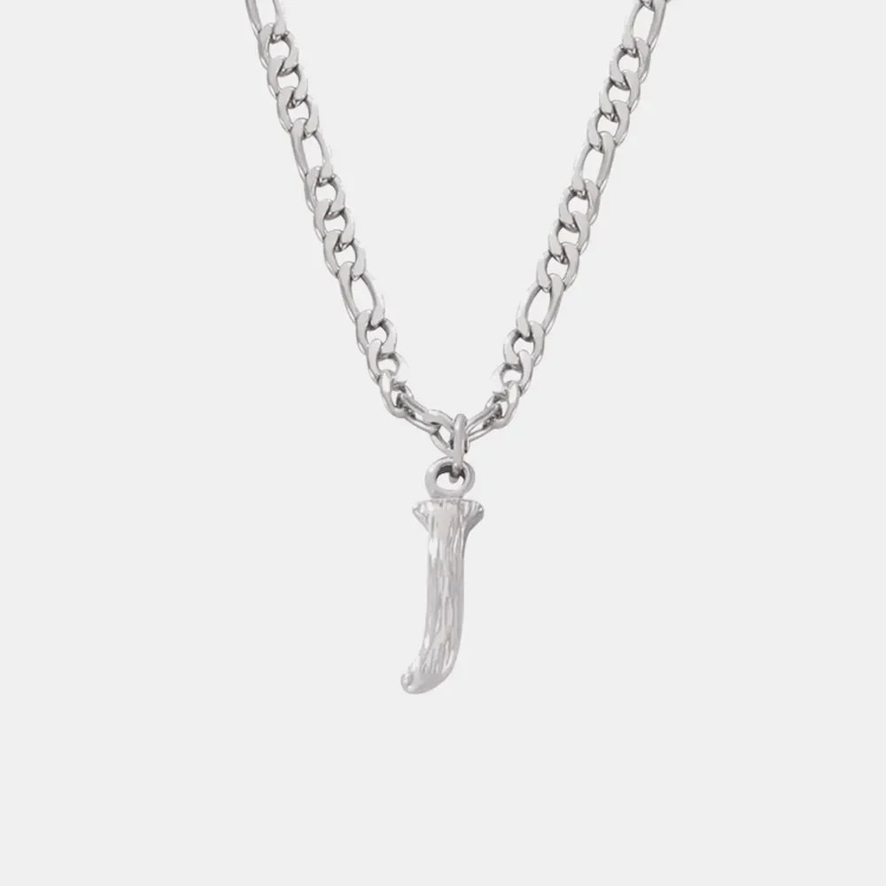 Textured initial J pendant necklace with stainless steel curb chain