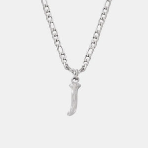 Textured initial J pendant necklace with stainless steel curb chain