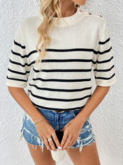 Cream and black striped knit top with button shoulder detail