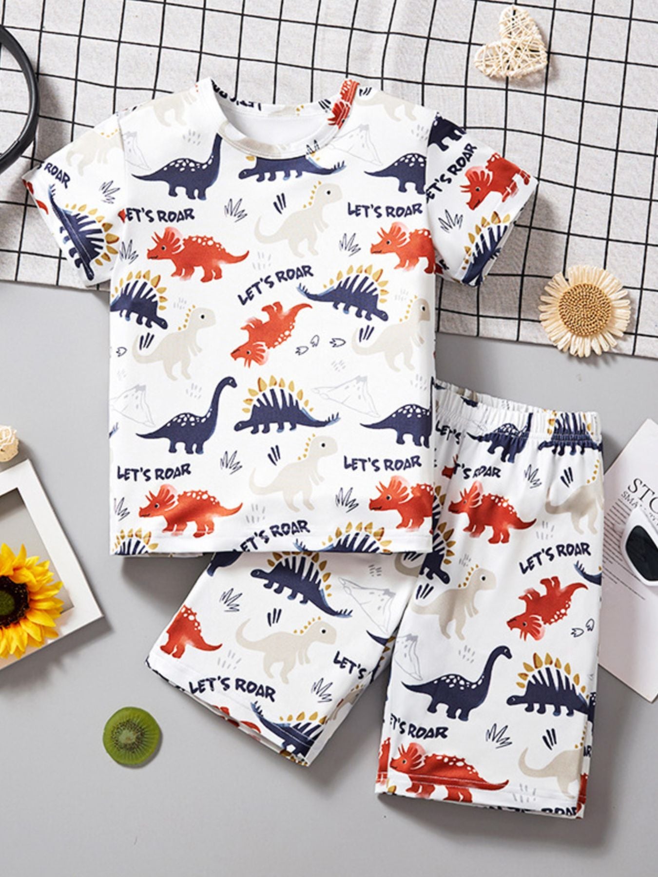 Toddler dinosaur adventure two-piece set with all-over print and "Let's Roar" text.