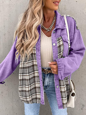 Purple denim jacket with plaid panels, button front, and collared neckline.