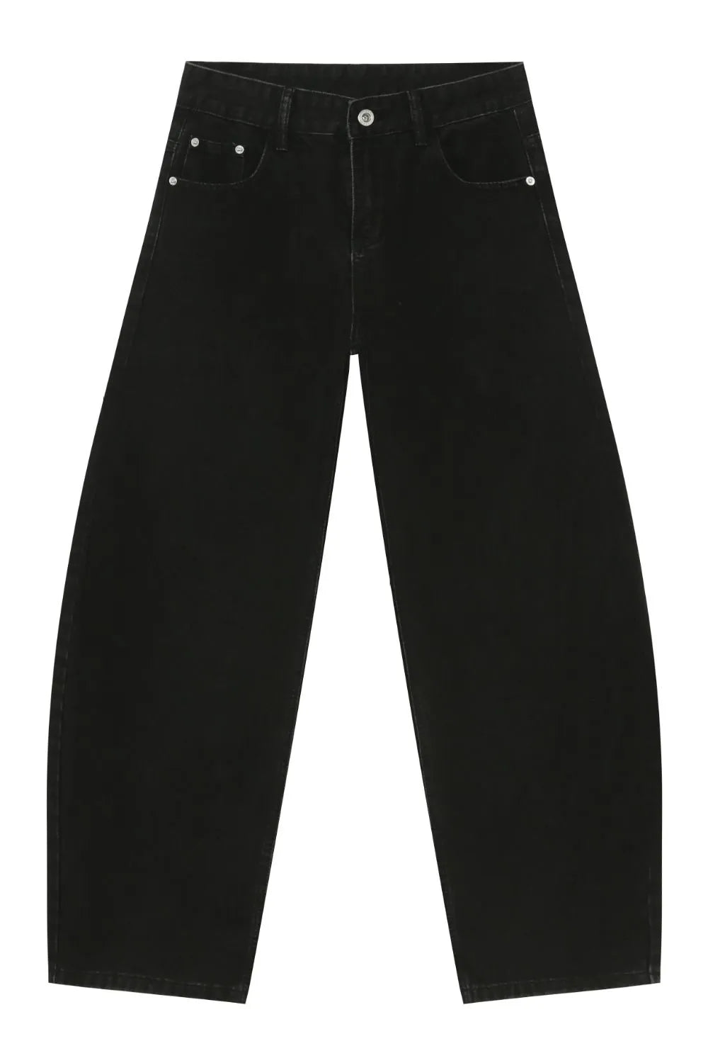 Black denim balloon trousers with a wide leg and casual fit.