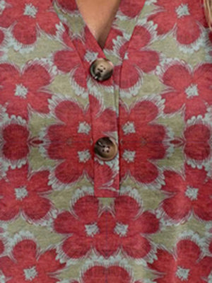 Americana Henley top in red floral print with button placket and v-neck.