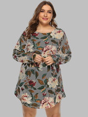 Botanical print trapeze mini dress in Gray Dawn with long sleeves and a round neckline.