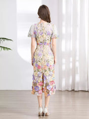Embroidered Floral Puff Sleeve Midi Dress