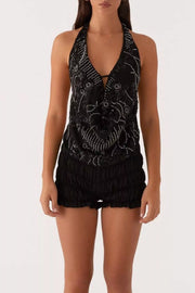 Bead-embellished Backless Halter Tank