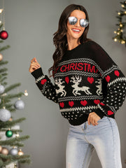 Black round neck sweater with Merry Christmas text, reindeer and heart pattern