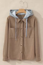 Mocha corduroy shirt jacket with contrast gray hood and button front.
