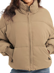 Camel padded bomber jacket with ribbed cuffs and zip front.