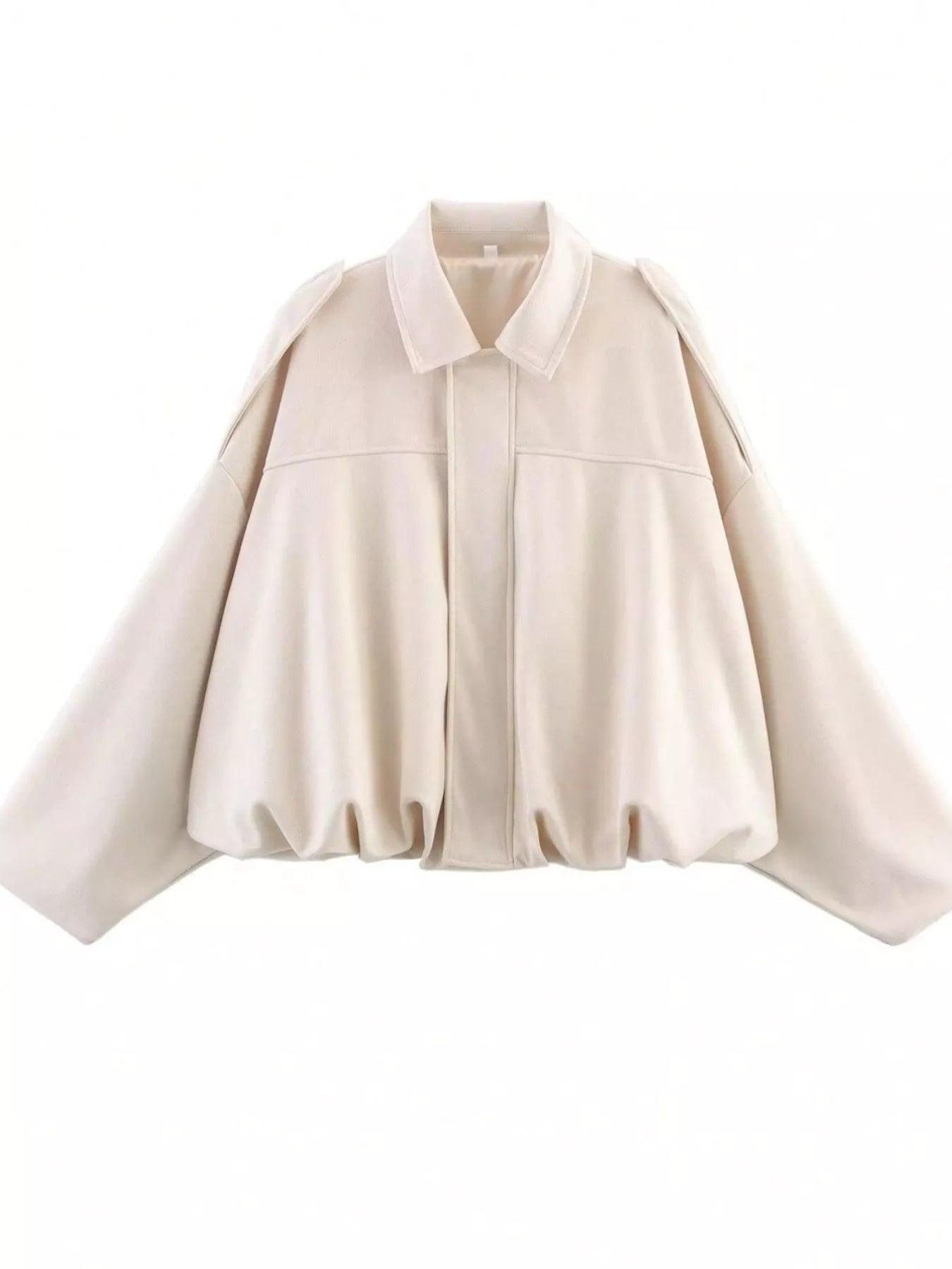 Oversized off-white zip-up jacket with a collared neckline and balloon sleeves.