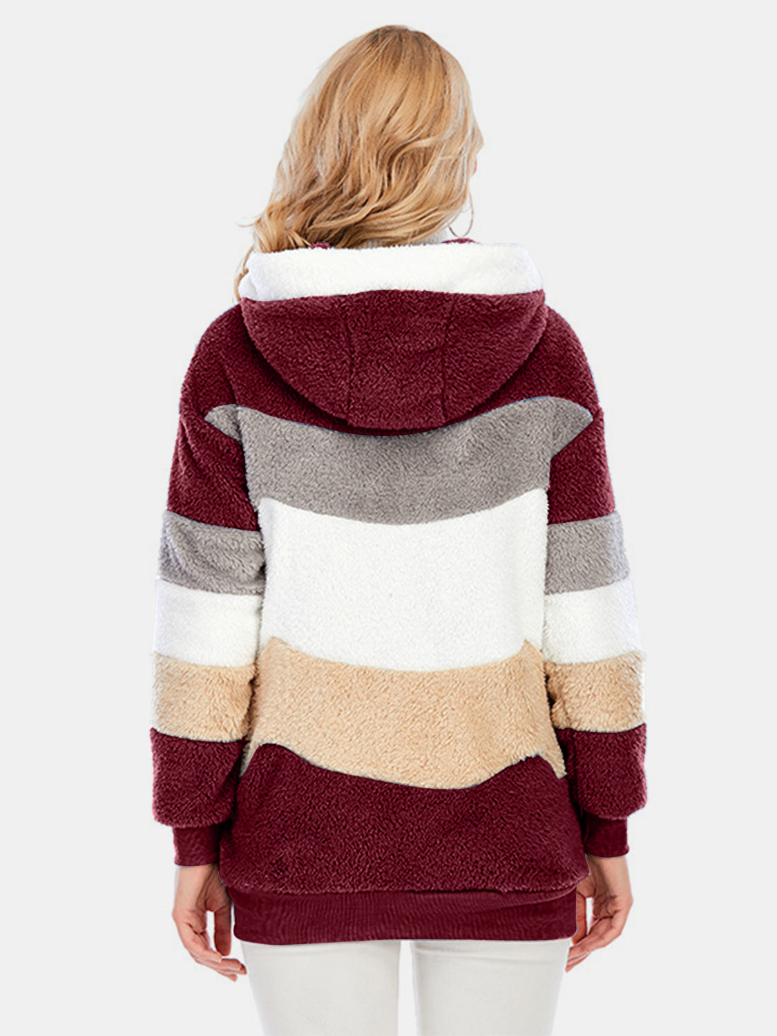Teddy fleece hoodie with colorblock stripes in burgundy, grey, white, tan, and burgundy.