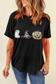 Black t-shirt with sequin Halloween ghost, witch hat, and pumpkin graphic.
