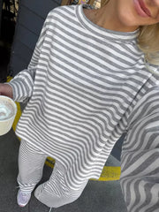 Striped Round Neck Top And Pants Set in Gray, front view