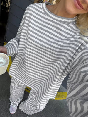 Striped Round Neck Top And Pants Set in Gray, front view