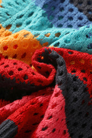 Rainbow crochet bolero with open knit detail in multicolor acrylic.