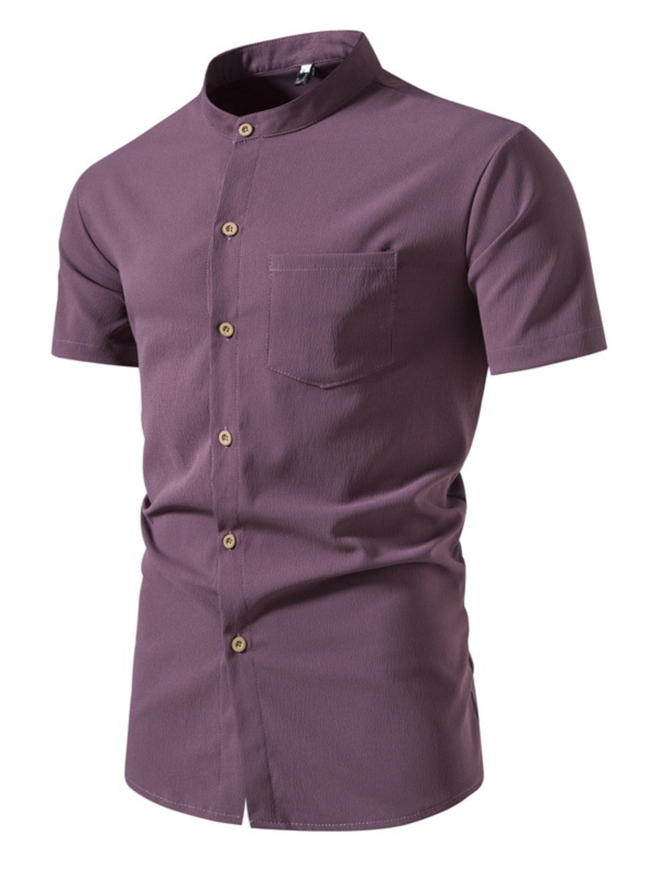 Men's plus-size mauve cotton band collar button-up shirt with chest pocket.