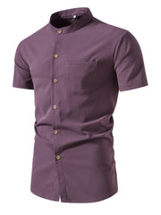 Men's plus-size mauve cotton band collar button-up shirt with chest pocket.