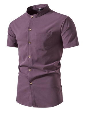 Men's plus-size mauve cotton band collar button-up shirt with chest pocket.