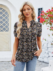 Black floral print blouse with keyhole neckline and short sleeves