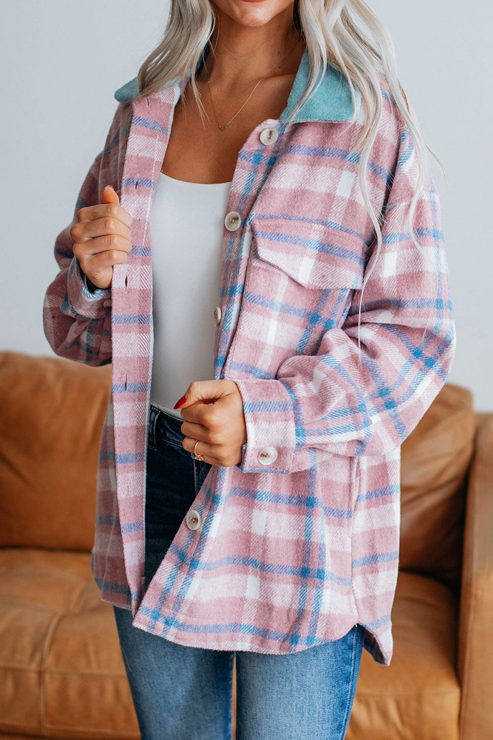 Pastel plaid shacket in dusty pink with contrast collar, button front and chest pockets.