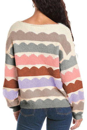 Scalloped stripe off-the-shoulder knit sweater with boat neck in multi-color acrylic.