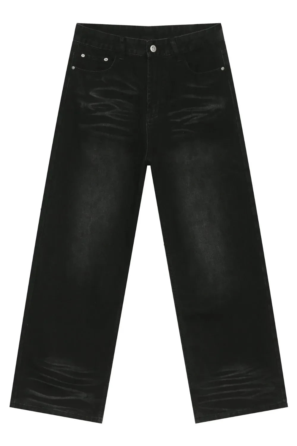 Faded black baggy denim trousers with a relaxed fit and visible whiskering details.