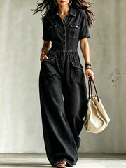 Denim Wide-leg Jumpsuit With Chest Pockets in Black, close-up detail