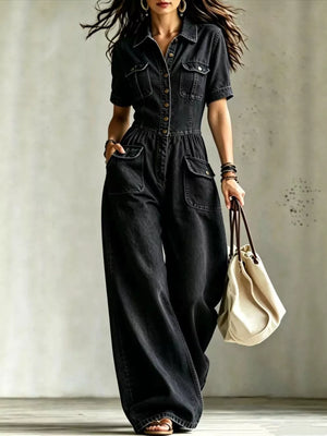 Denim Wide-leg Jumpsuit With Chest Pockets in Black, close-up detail