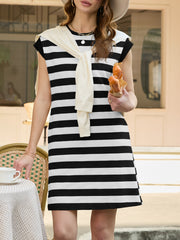 Black and white striped cap sleeve cotton dress, above knee length, casual style