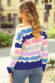 Scalloped stripe off-the-shoulder knit sweater with boat neckline and acrylic material.
