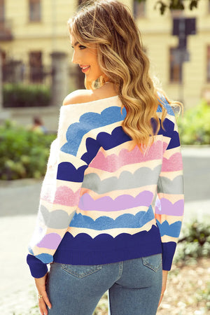 Scalloped stripe off-the-shoulder knit sweater with boat neckline and acrylic material.