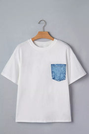 White cotton tee with blue denim chest pocket, crew neck, short sleeves.