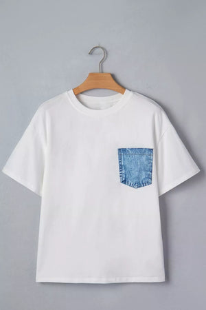 White cotton tee with blue denim chest pocket, crew neck, short sleeves.