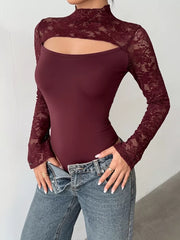 Intricate Lace Cut-out Bodysuit With Flare Sleeves