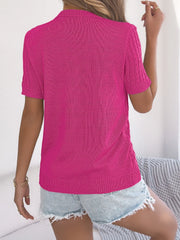 Hot Pink textured knit button-front top with cable knit sleeves and collar.