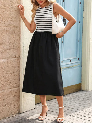 Striped Knit Tank Midi Dress in White, close-up detail