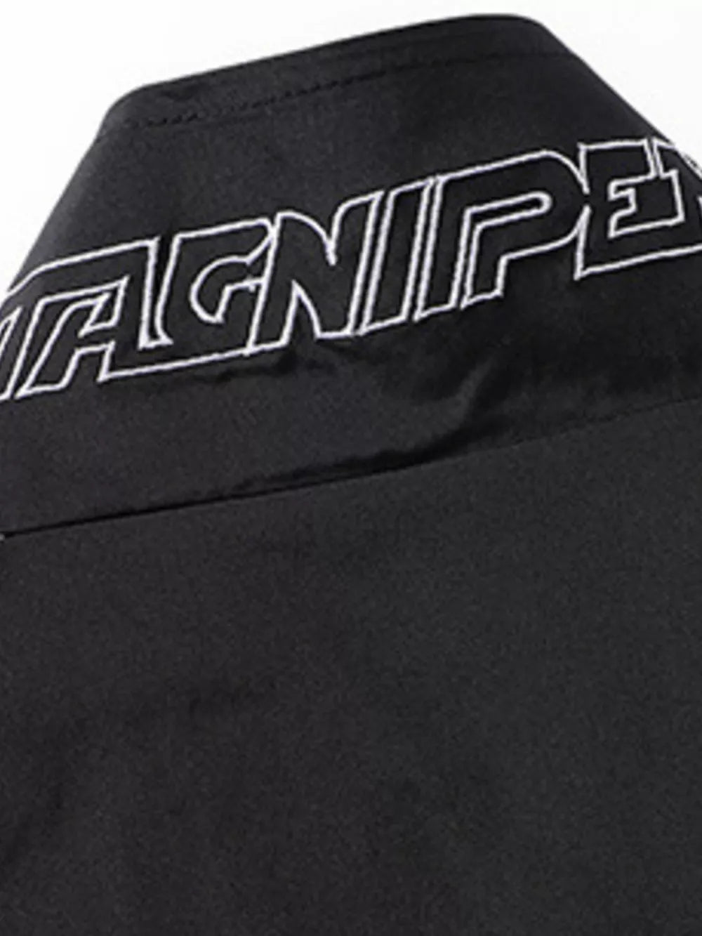 Black bomber jacket with white embroidered racing-inspired logo detail on collar.
