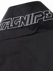 Black bomber jacket with white embroidered racing-inspired logo detail on collar.
