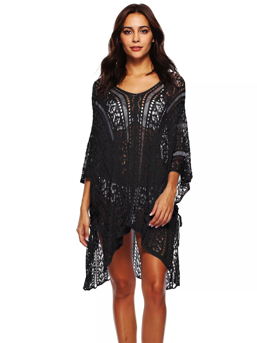 Black crochet V-neck beach cover-up with cutout detail and tie sides.