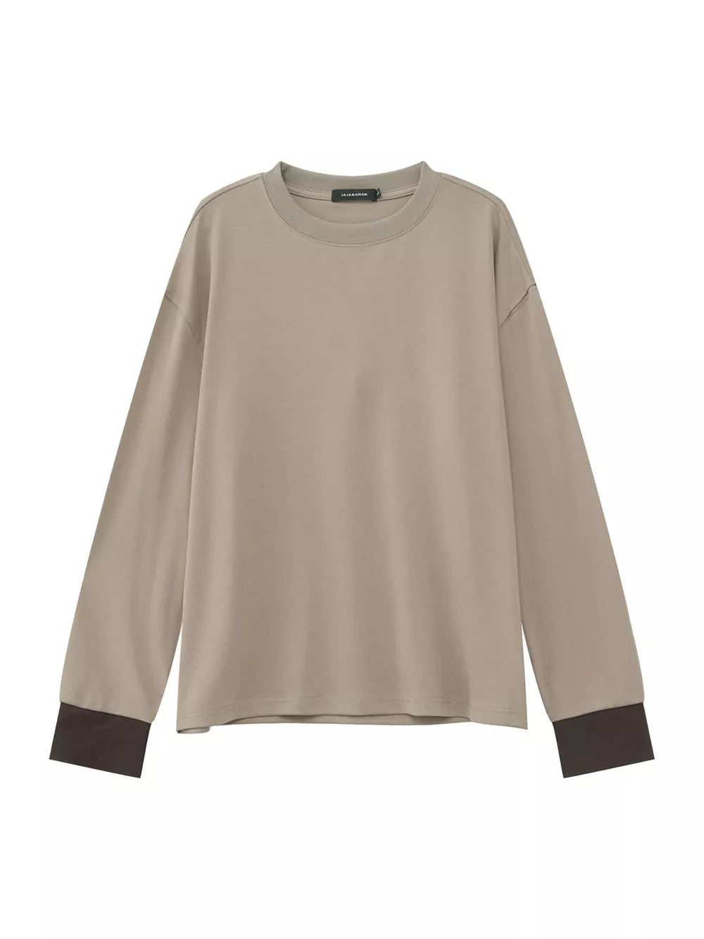 Relaxed fit long sleeve t-shirt in coffee color with contrasting dark cuffs, crew neck, cotton.