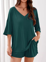 Two-piece lounge set in Army Green with V-neck top and shorts.