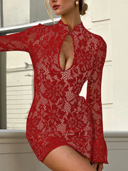 Scarlet lace mini dress with cut-out neckline and bell sleeves