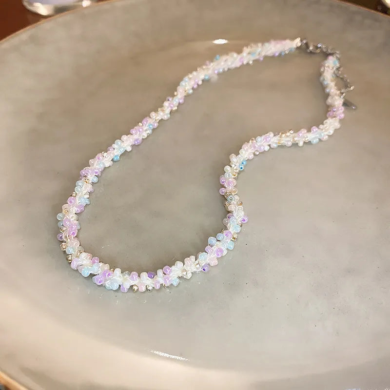 Pastel petal chain necklace with pink and purple beads and silver clasp