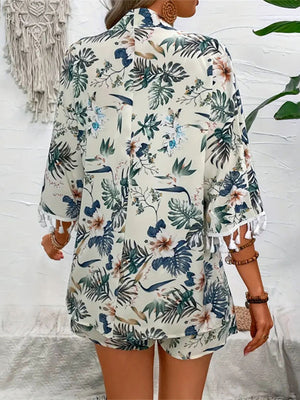 Light green botanical print kimono with tassel trim and matching shorts.