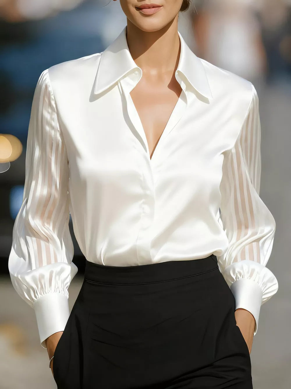 Elegant Shirt With Sheer Striped Sleeves in Scarlet, front view