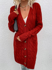 Deep Red cable knit button-down cardigan with pockets and V-neck.