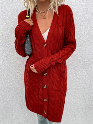 Deep Red cable knit button-down cardigan with pockets and V-neck.